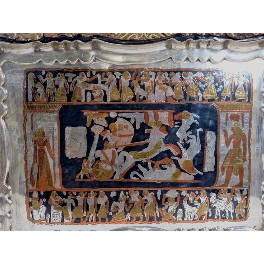 Vintage Egyptian Figural Horse Chariot Copper Silver Metal Serving Platter Tray - Picture 5 of 13